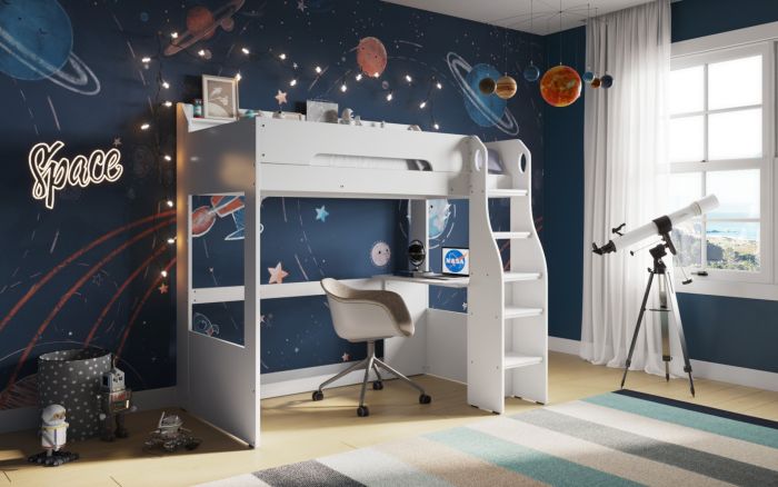 Cosmic High Sleeper Frame With Shelves And Desk - White