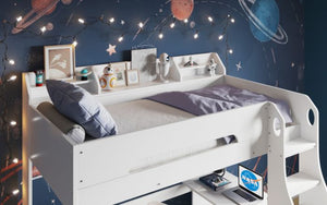 Cosmic High Sleeper Frame With Shelves And Desk - White