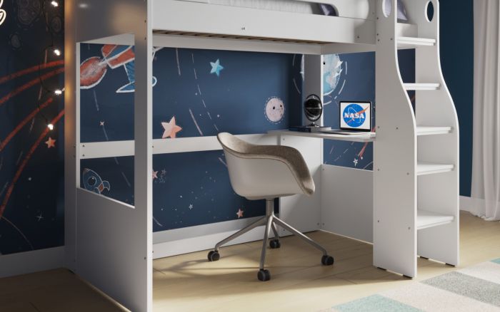 Cosmic High Sleeper Frame With Shelves And Desk - White