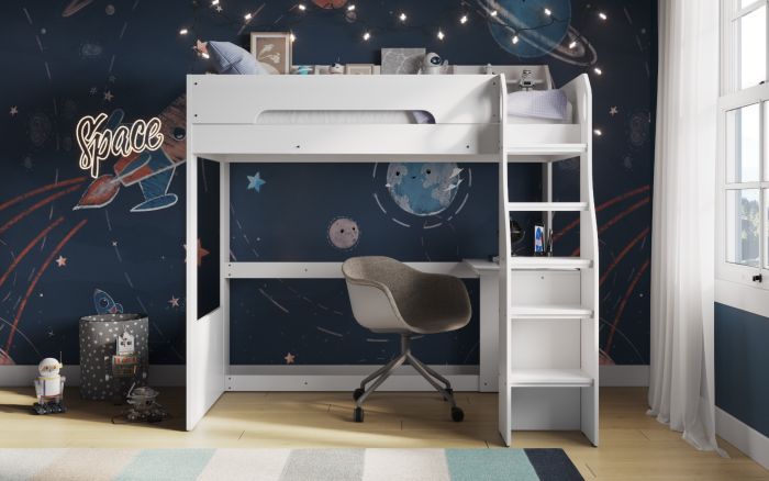 Cosmic High Sleeper Frame With Shelves And Desk - White