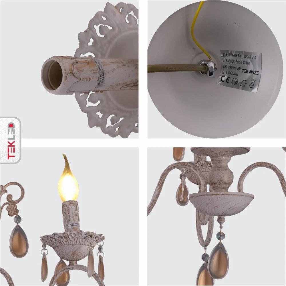 Taurus Amber Crystals Rice White with Gold Brushed Metal Arm Ceiling Chandelier Light E14 - Available in 3, 6, 8 * 12 Candle