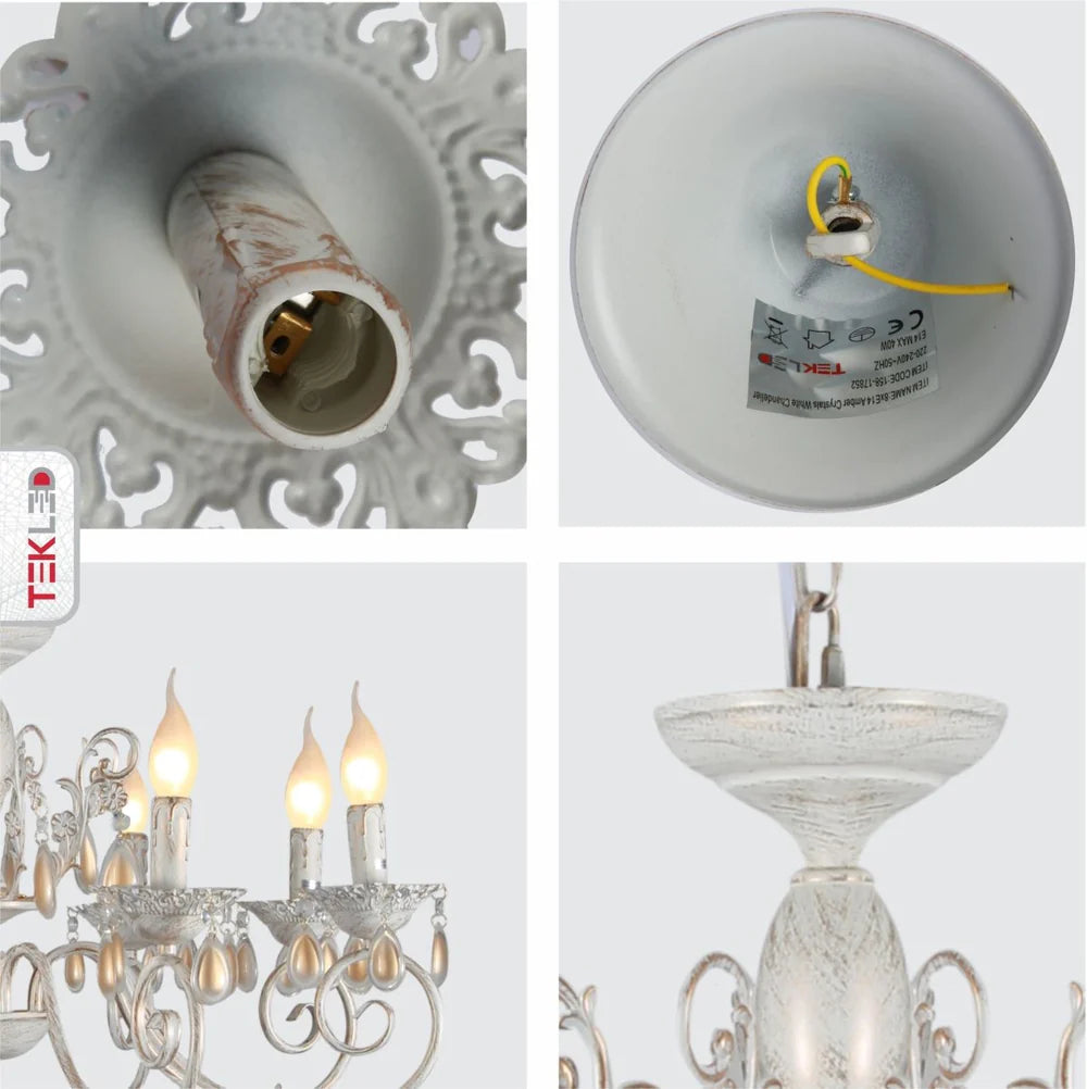 Taurus Amber Crystals Rice White with Gold Brushed Metal Arm Ceiling Chandelier Light E14 - Available in 3, 6, 8 * 12 Candle