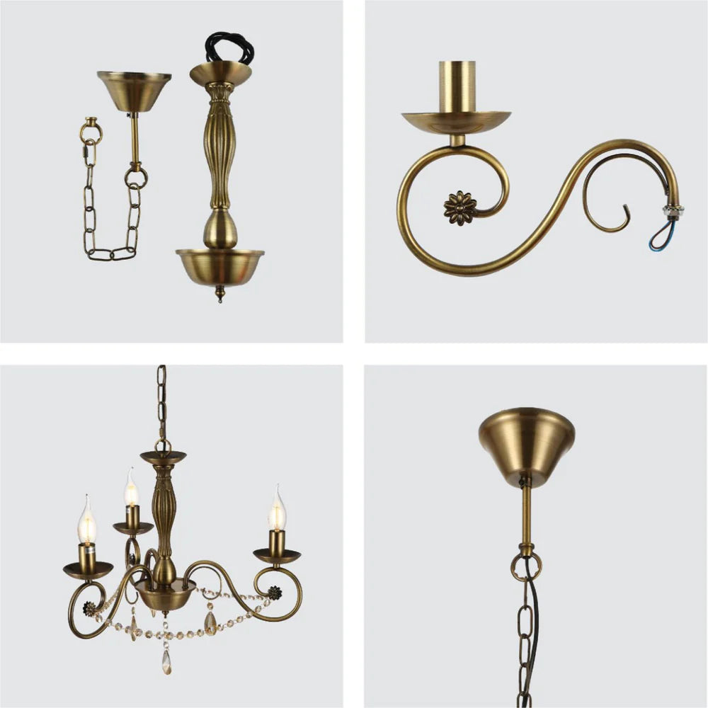 Piscis Antique Brass Finishing Metal Body French Candle Vintage Crystal Ceiling Light E14 - Available in 3, 5 & 8 Candle