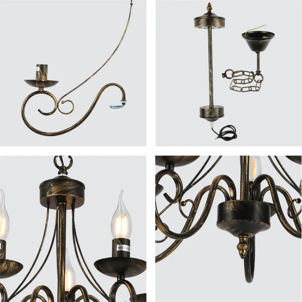 Pegasus Candle Vintage Gold Patinated Black French Chandelier Ceiling Light E14 - Available in 3, 5 & 8 Candles