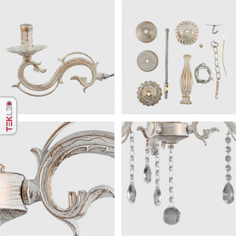 Auriga Candle Waterfall Traditional Retro Vintage Arm Chandelier Ceiling Light Crystal Gold Aged Cream E14 - Available in 3, 5 & 8 Candle