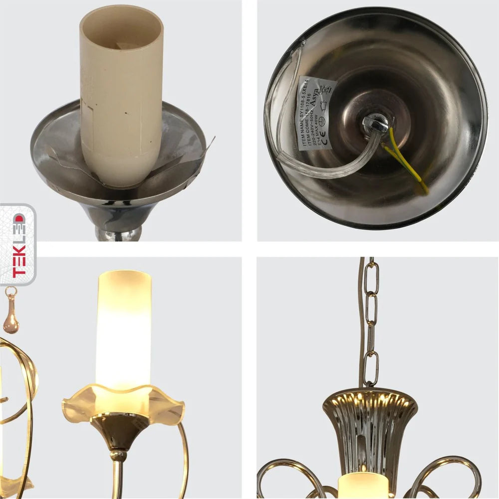 Scorpius - Opal Cylinder Glass Chrome Candle Metal Arm Ceiling Chandelier Light E14 - Available in 3, 8 & 12 Candles