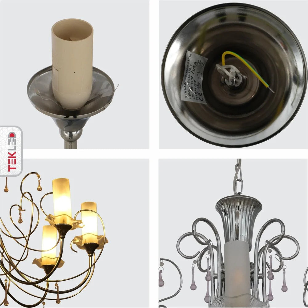 Scorpius - Opal Cylinder Glass Chrome Candle Metal Arm Ceiling Chandelier Light E14 - Available in 3, 8 & 12 Candles