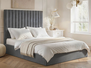 Ripped Everley Fabric Ottoman Bed Grey - Available in Double Or Kingsizes
