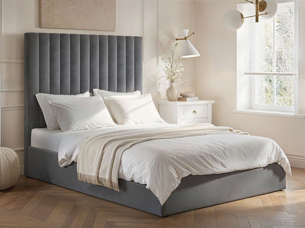 Ripped Everley Fabric Ottoman Bed Grey - Available in Double Or Kingsizes