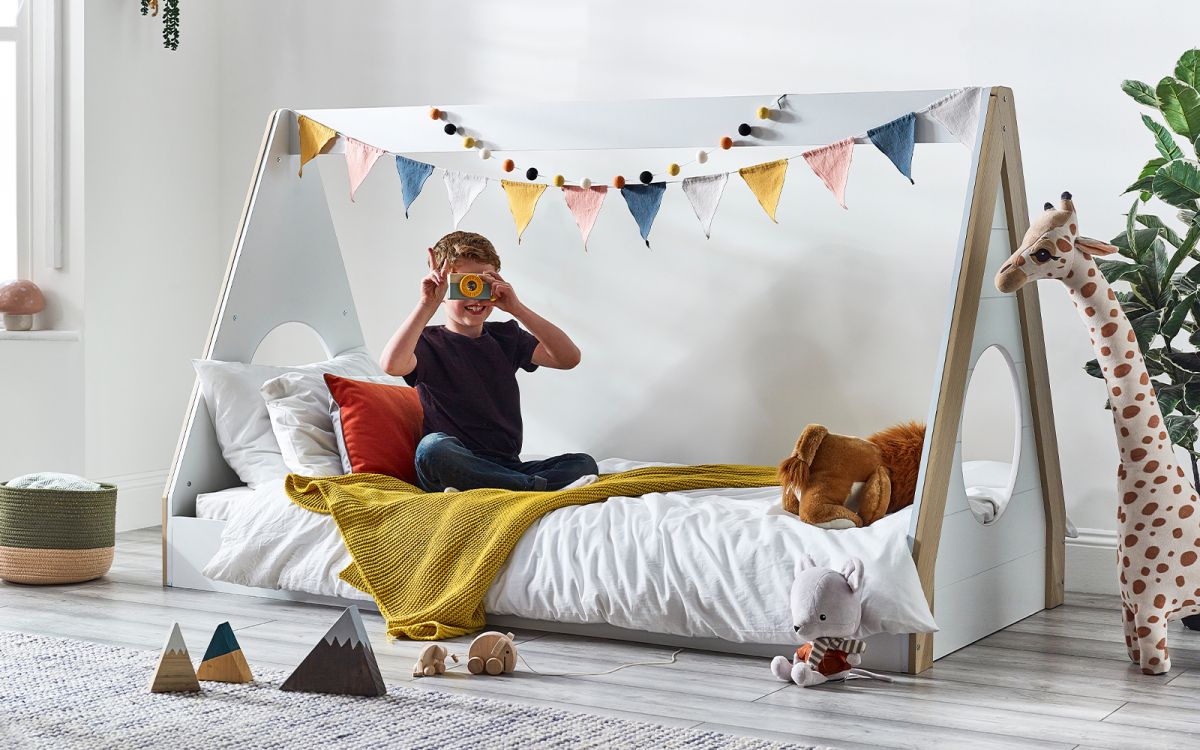 Kids Festival Tent Bed - White & Wood Finish - Optional Mattress