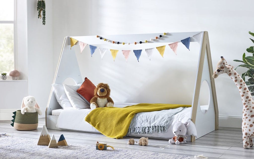 Kids Festival Tent Bed - White & Wood Finish - Optional Mattress
