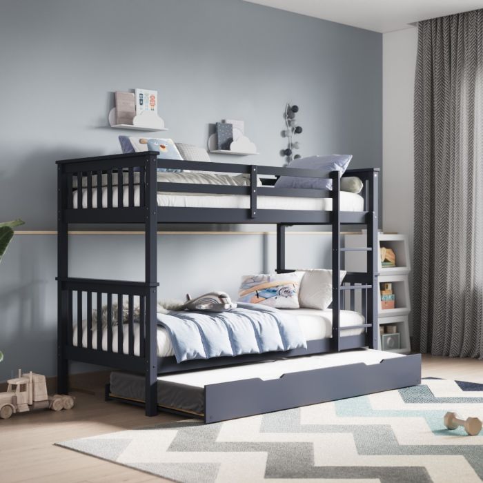 Wooden Zoom Detachable Bunk Bed With Trundle - Available in Grey Or White