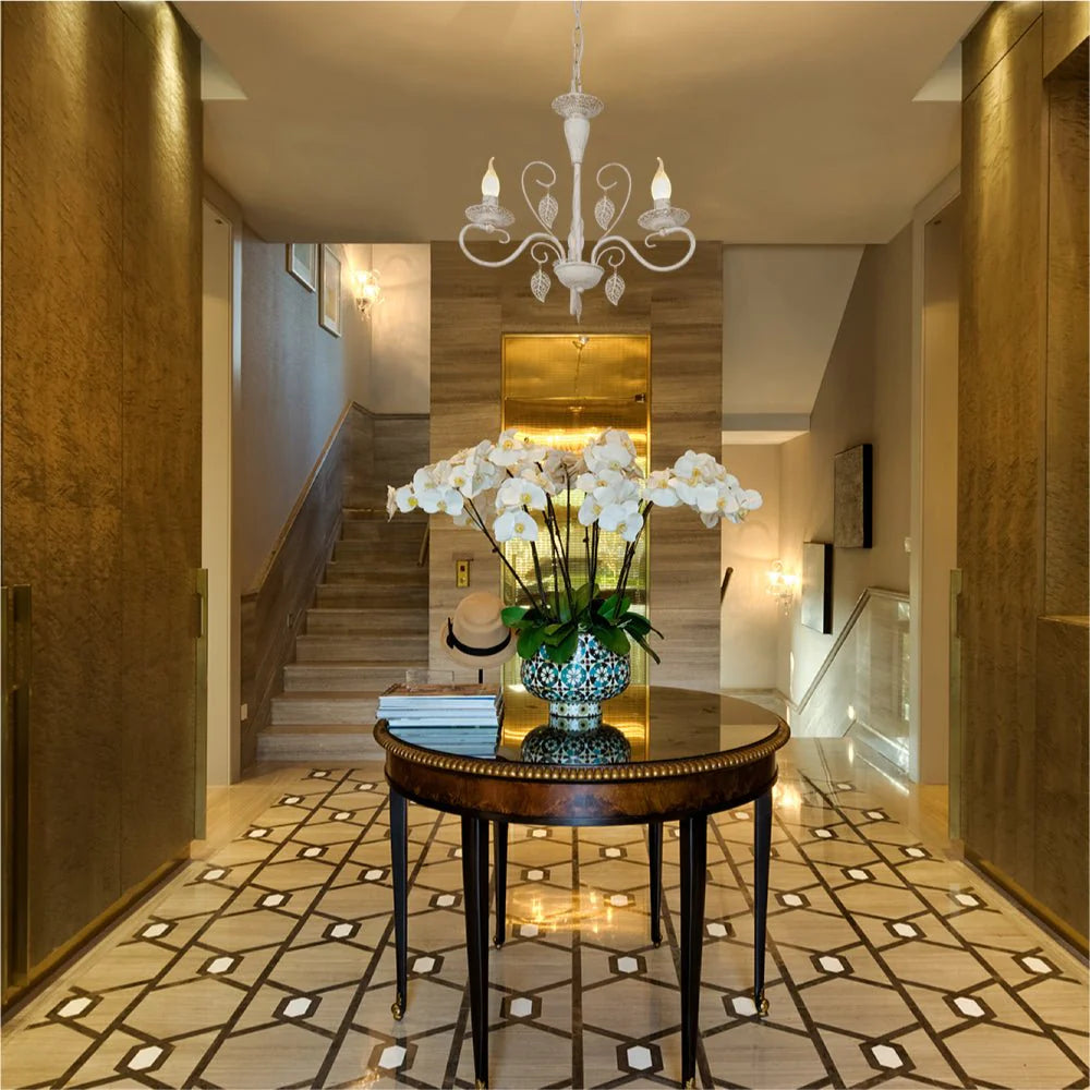 Ursa Candle French Mediterranean Leaf Traditional Vintage Gold Patinated White Ceiling Light E14 - Available in 3, 6, 8 * 12 Candle