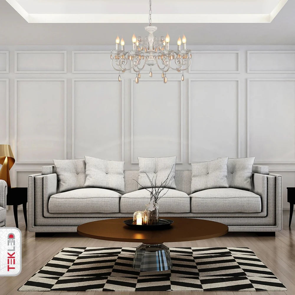 Taurus Amber Crystals Rice White with Gold Brushed Metal Arm Ceiling Chandelier Light E14 - Available in 3, 6, 8 * 12 Candle