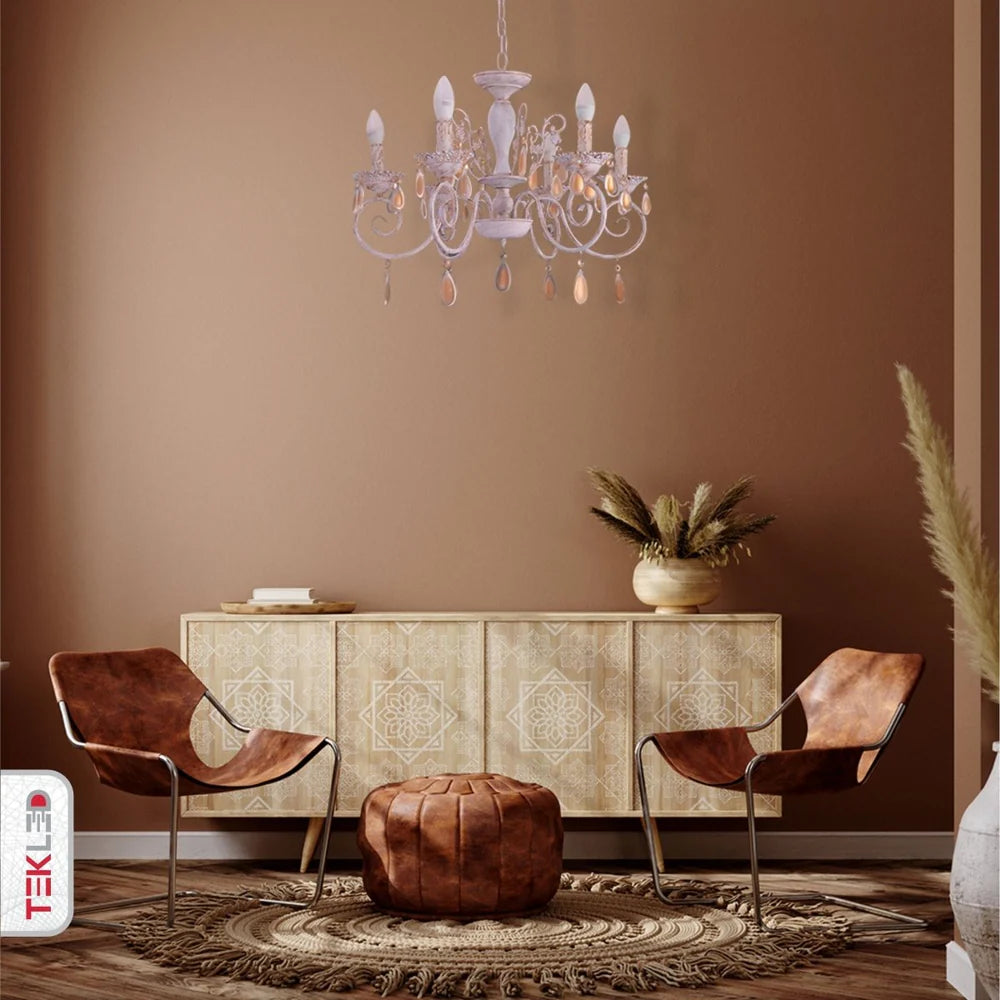 Taurus Amber Crystals Rice White with Gold Brushed Metal Arm Ceiling Chandelier Light E14 - Available in 3, 6, 8 * 12 Candle