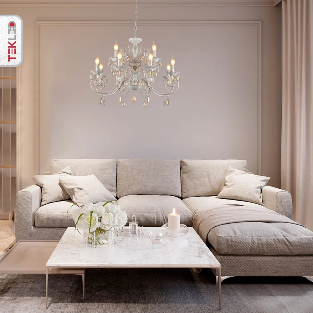 Taurus Amber Crystals Rice White with Gold Brushed Metal Arm Ceiling Chandelier Light E14 - Available in 3, 6, 8 * 12 Candle