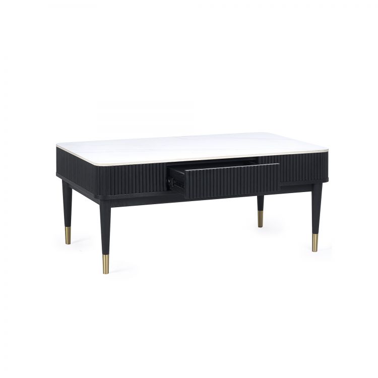 Louis Black Fluted Stone Top Coffee Table With 2 Drawers - 65cm D x 110cm W x 47cm H