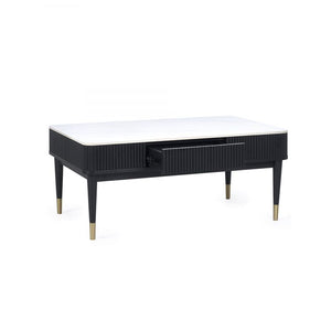 Louis Black Fluted Stone Top Coffee Table With 2 Drawers - 65cm D x 110cm W x 47cm H