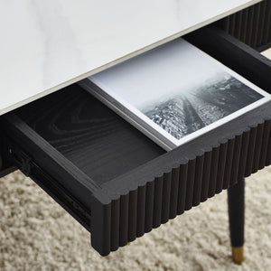 Louis Black Fluted Stone Top Coffee Table With 2 Drawers - 65cm D x 110cm W x 47cm H