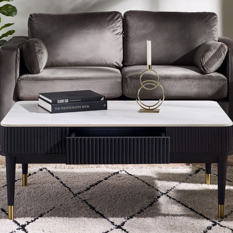 Louis Black Fluted Stone Top Coffee Table With 2 Drawers - 65cm D x 110cm W x 47cm H