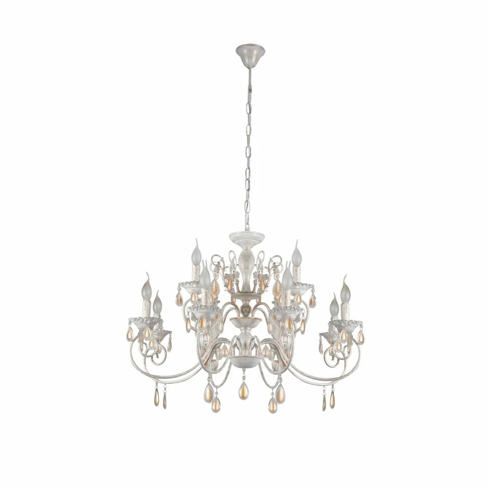 Taurus Amber Crystals Rice White with Gold Brushed Metal Arm Ceiling Chandelier Light E14 - Available in 3, 6, 8 * 12 Candle