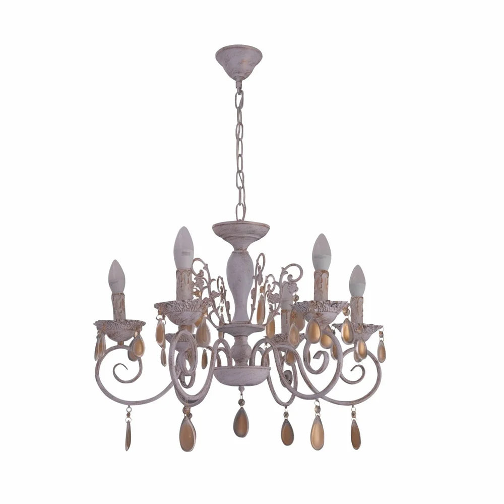 Taurus Amber Crystals Rice White with Gold Brushed Metal Arm Ceiling Chandelier Light E14 - Available in 3, 6, 8 * 12 Candle