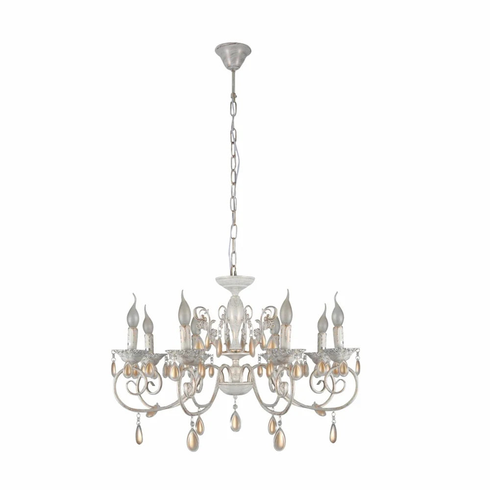Taurus Amber Crystals Rice White with Gold Brushed Metal Arm Ceiling Chandelier Light E14 - Available in 3, 6, 8 * 12 Candle