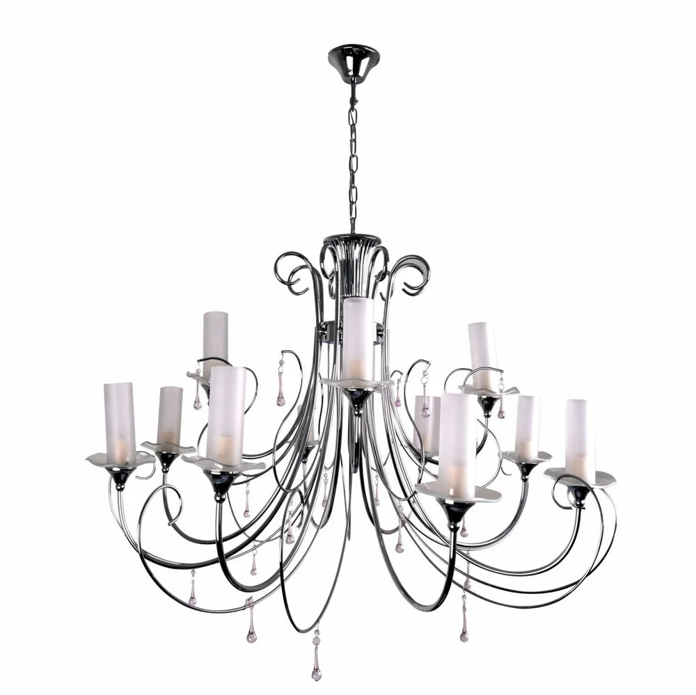 Scorpius - Opal Cylinder Glass Chrome Candle Metal Arm Ceiling Chandelier Light E14 - Available in 3, 8 & 12 Candles