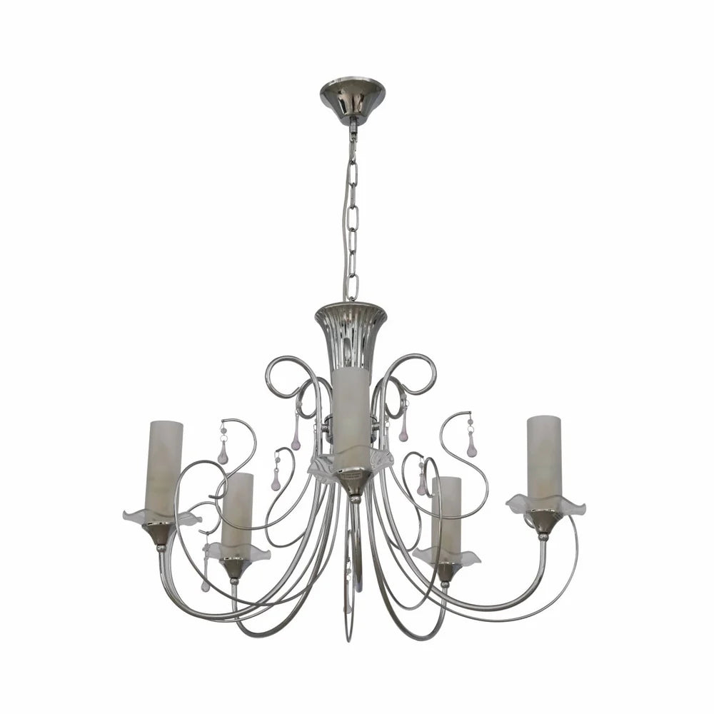 Scorpius - Opal Cylinder Glass Chrome Candle Metal Arm Ceiling Chandelier Light E14 - Available in 3, 8 & 12 Candles