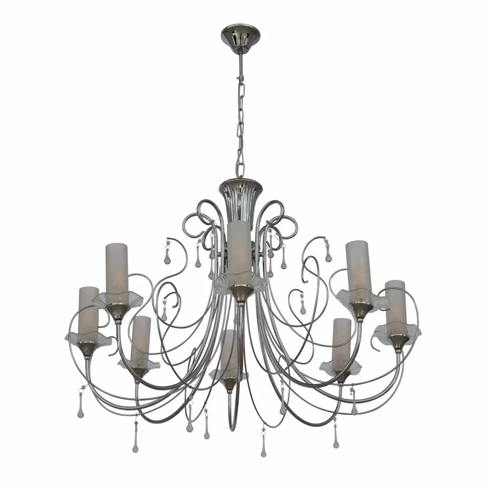Scorpius - Opal Cylinder Glass Chrome Candle Metal Arm Ceiling Chandelier Light E14 - Available in 3, 8 & 12 Candles