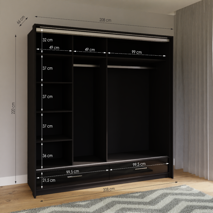 LIAMARSY LED Wardrobe Black-Gloss / White-Gloss / Grey-Graphite