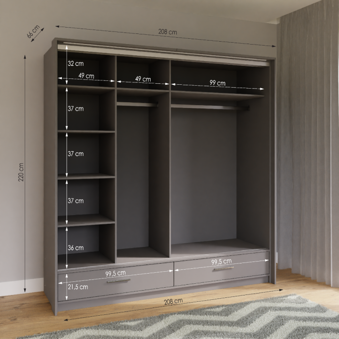 LIAMARSY LED Wardrobe Black-Gloss / White-Gloss / Grey-Graphite