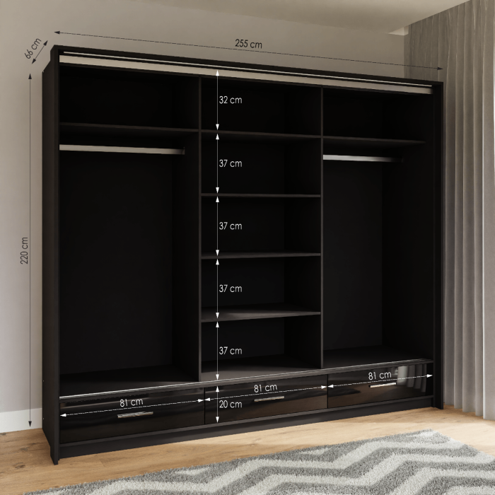 LIAMARSY LED Wardrobe Black-Gloss / White-Gloss / Grey-Graphite