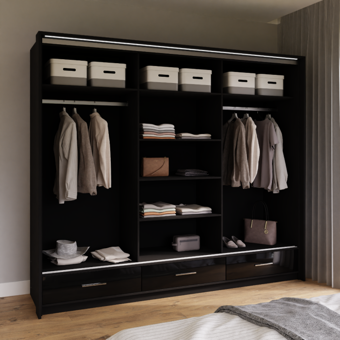 LIAMARSY LED Wardrobe Black-Gloss / White-Gloss / Grey-Graphite