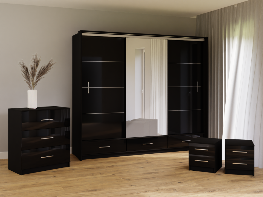 LIAMARSY LED Wardrobe Black-Gloss / White-Gloss / Grey-Graphite