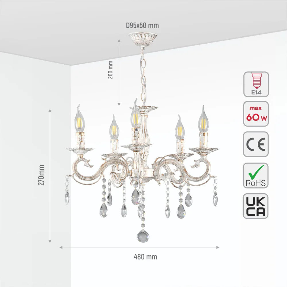 Auriga Candle Waterfall Traditional Retro Vintage Arm Chandelier Ceiling Light Crystal Gold Aged Cream E14 - Available in 3, 5 & 8 Candle