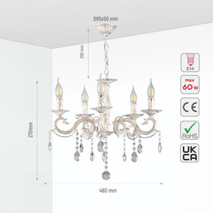 Auriga Candle Waterfall Traditional Retro Vintage Arm Chandelier Ceiling Light Crystal Gold Aged Cream E14 - Available in 3, 5 & 8 Candle