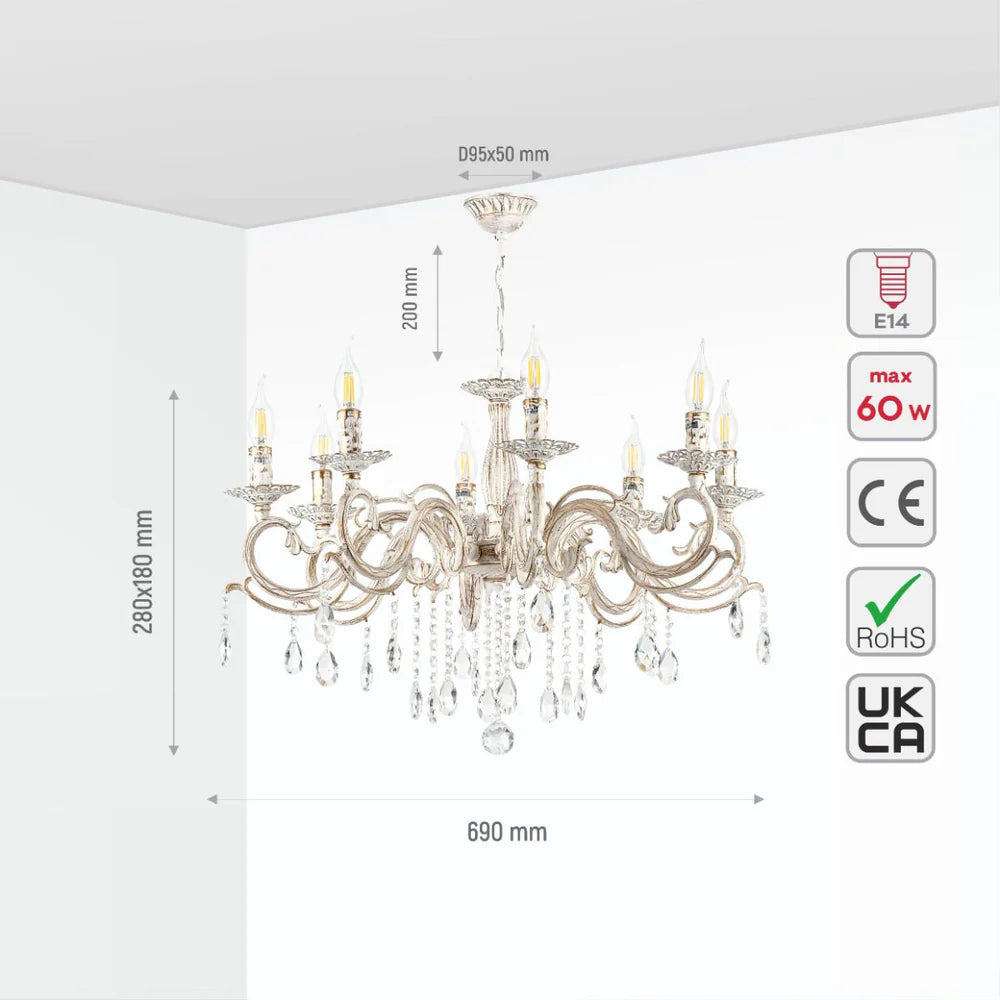 Auriga Candle Waterfall Traditional Retro Vintage Arm Chandelier Ceiling Light Crystal Gold Aged Cream E14 - Available in 3, 5 & 8 Candle