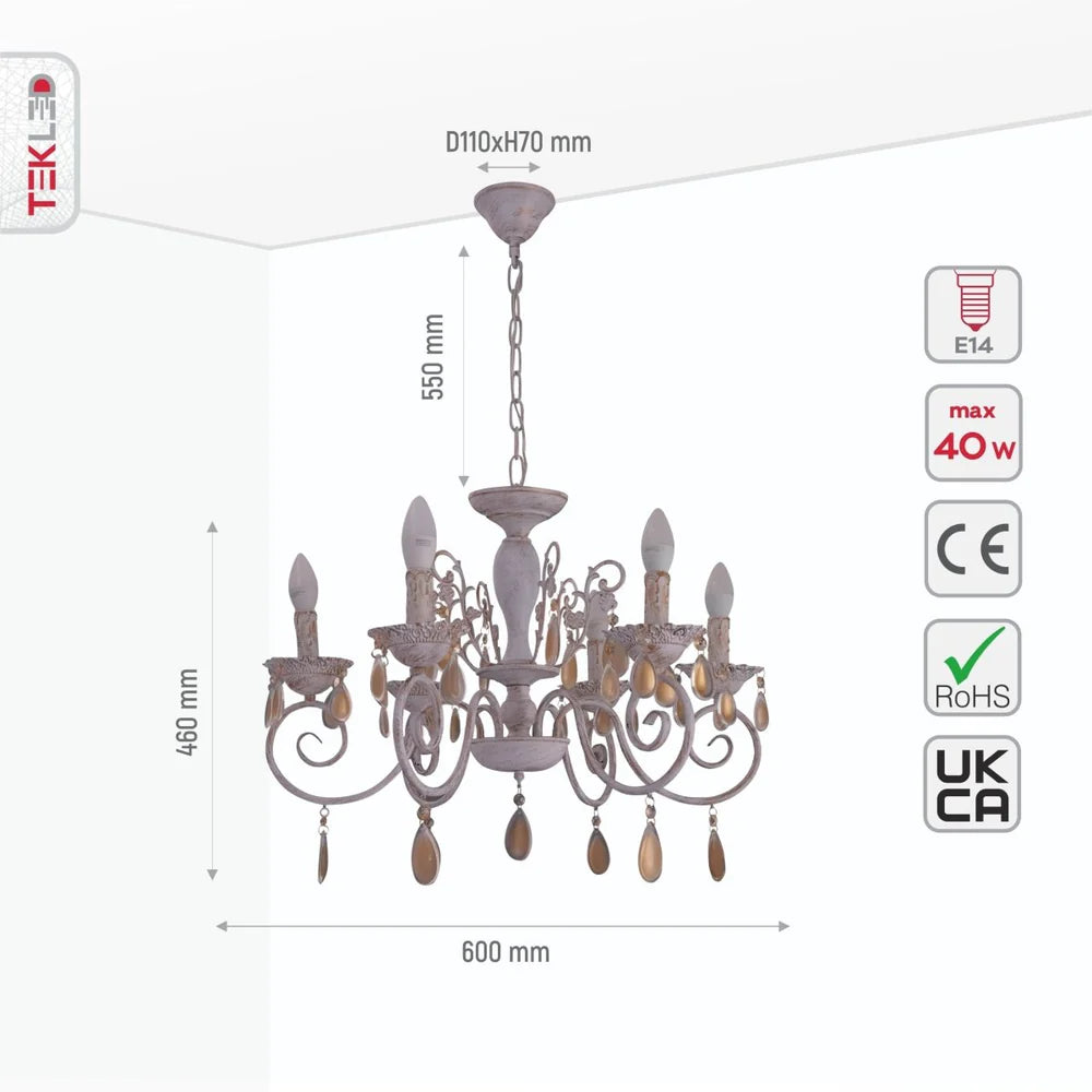 Taurus Amber Crystals Rice White with Gold Brushed Metal Arm Ceiling Chandelier Light E14 - Available in 3, 6, 8 * 12 Candle