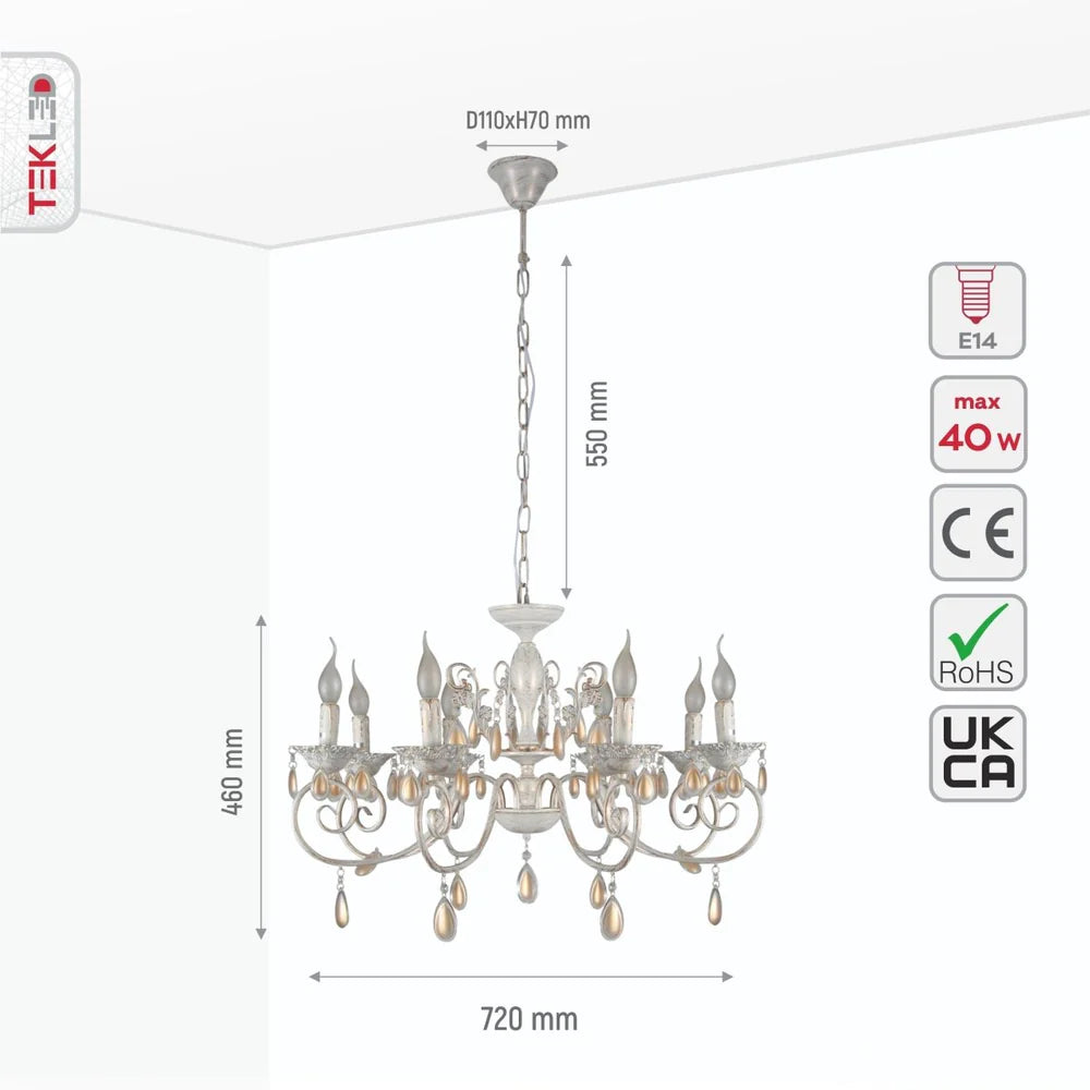 Taurus Amber Crystals Rice White with Gold Brushed Metal Arm Ceiling Chandelier Light E14 - Available in 3, 6, 8 * 12 Candle