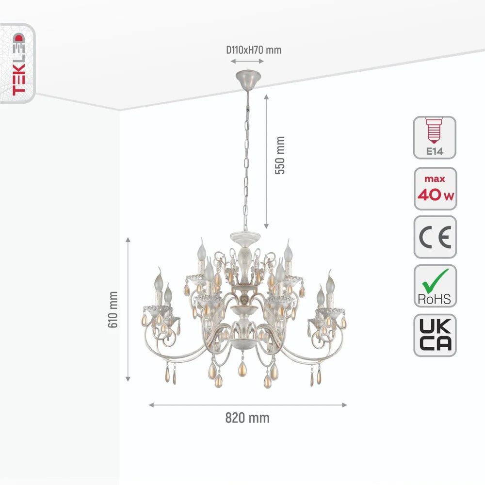 Taurus Amber Crystals Rice White with Gold Brushed Metal Arm Ceiling Chandelier Light E14 - Available in 3, 6, 8 * 12 Candle