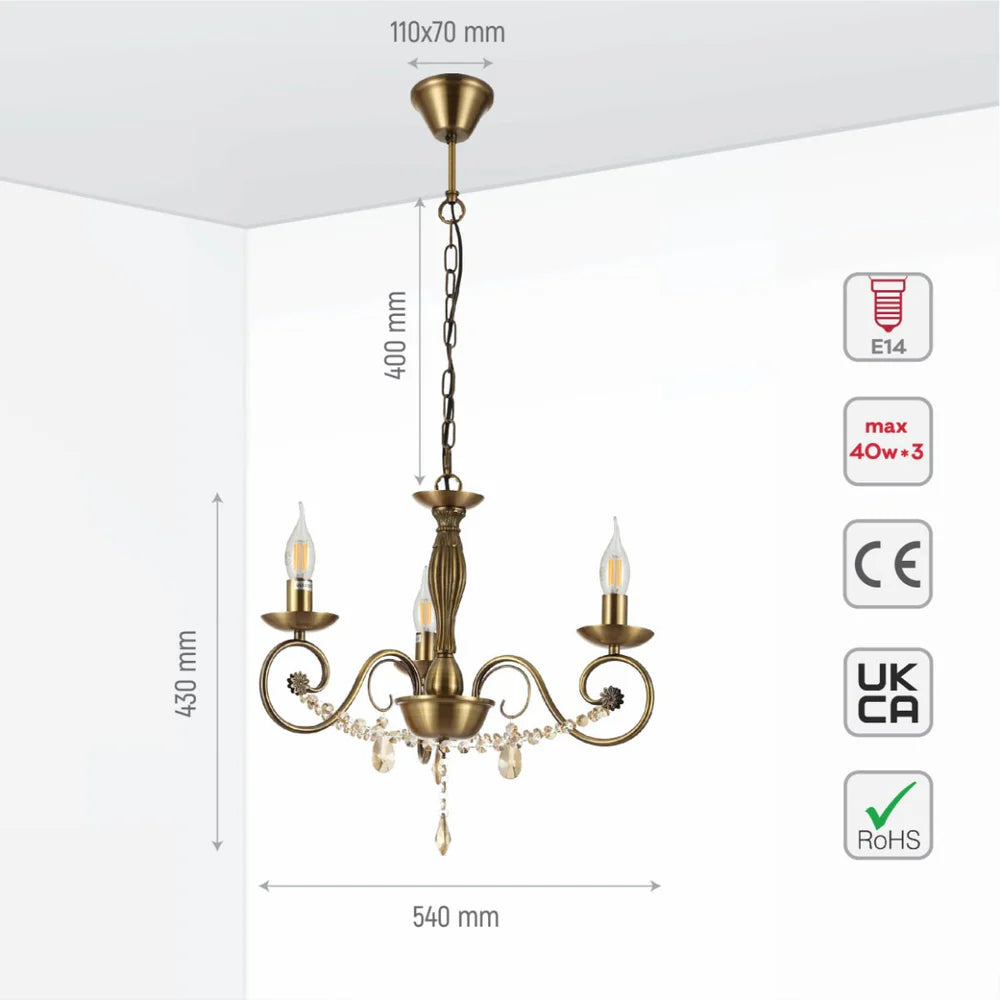 Piscis Antique Brass Finishing Metal Body French Candle Vintage Crystal Ceiling Light E14 - Available in 3, 5 & 8 Candle