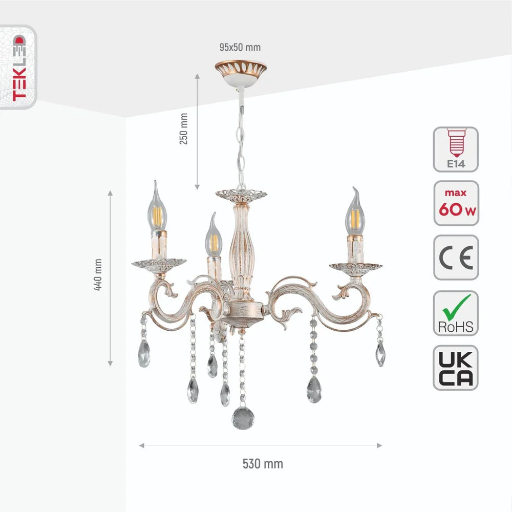 Auriga Candle Waterfall Traditional Retro Vintage Arm Chandelier Ceiling Light Crystal Gold Aged Cream E14 - Available in 3, 5 & 8 Candle