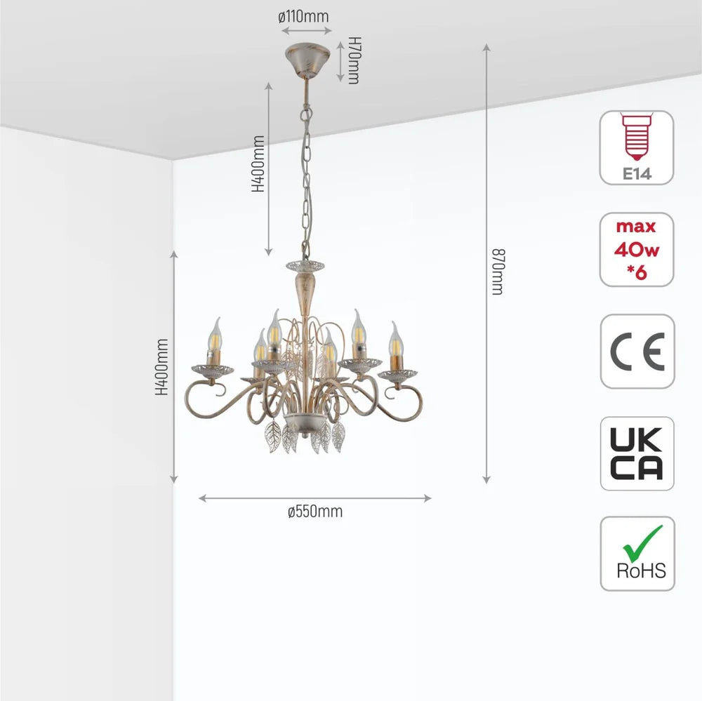 Ursa Candle French Mediterranean Leaf Traditional Vintage Gold Patinated White Ceiling Light E14 - Available in 3, 6, 8 * 12 Candle