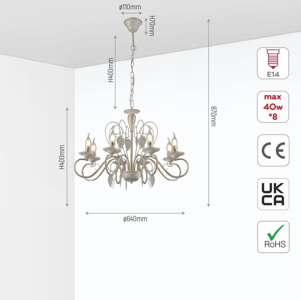 Ursa Candle French Mediterranean Leaf Traditional Vintage Gold Patinated White Ceiling Light E14 - Available in 3, 6, 8 * 12 Candle