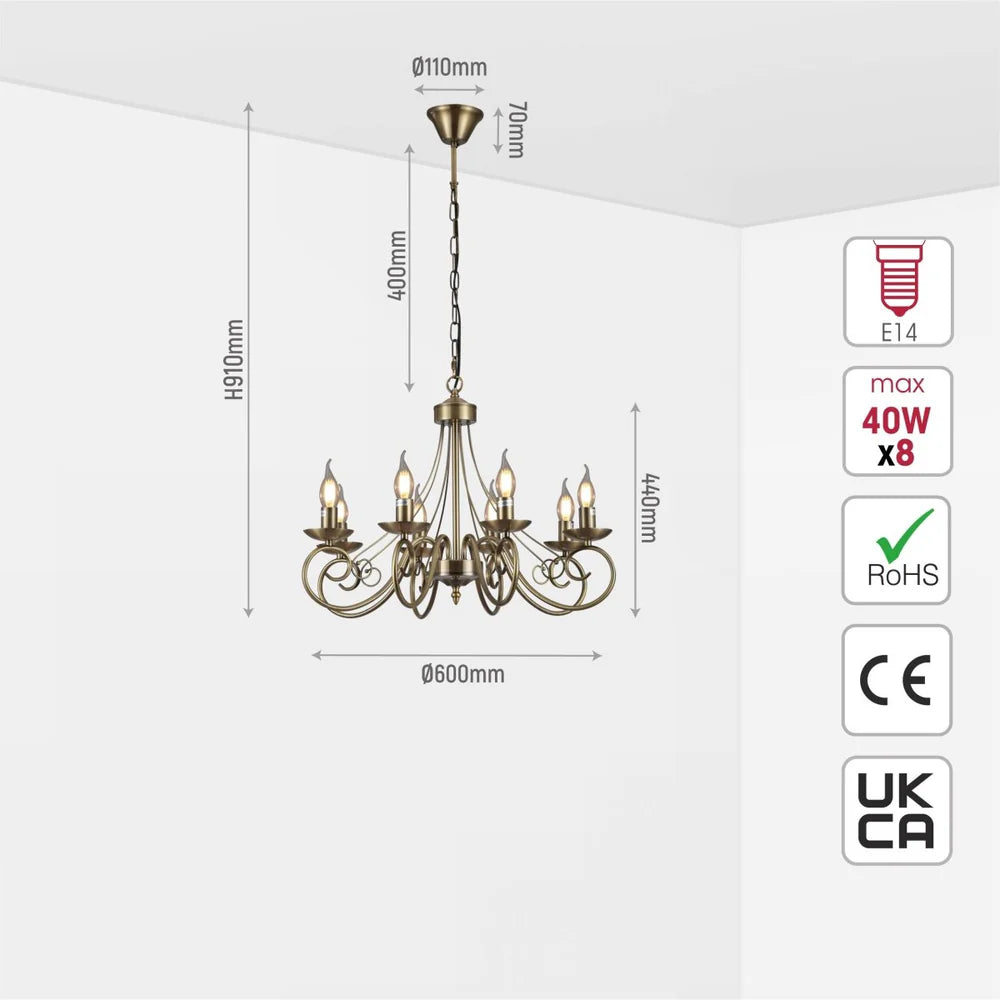 Pegasus Candle Vintage Antique Brass French Chandelier Ceiling Light E14 - Available in 3, 5 & 8 Candle