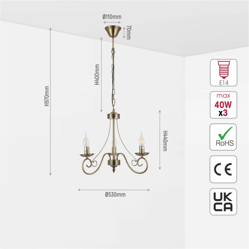 Pegasus Candle Vintage Antique Brass French Chandelier Ceiling Light E14 - Available in 3, 5 & 8 Candle