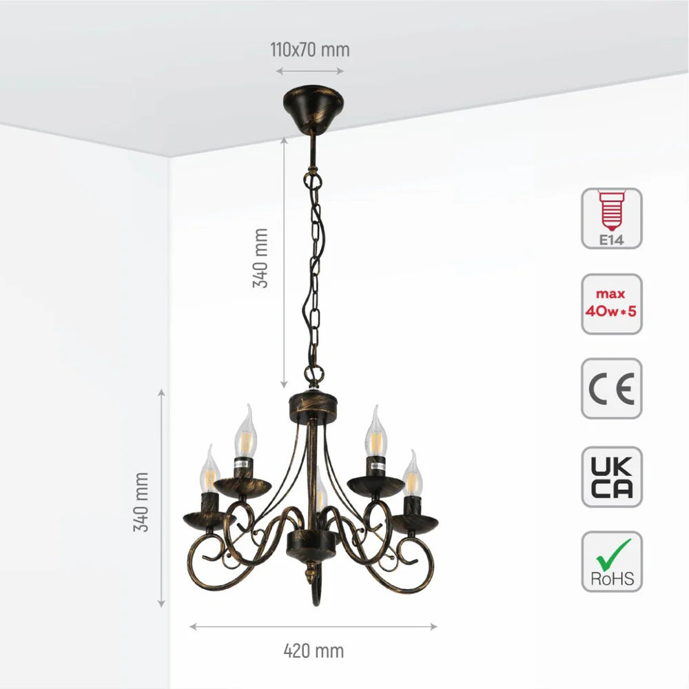 Pegasus Candle Vintage Gold Patinated Black French Chandelier Ceiling Light E14 - Available in 3, 5 & 8 Candles