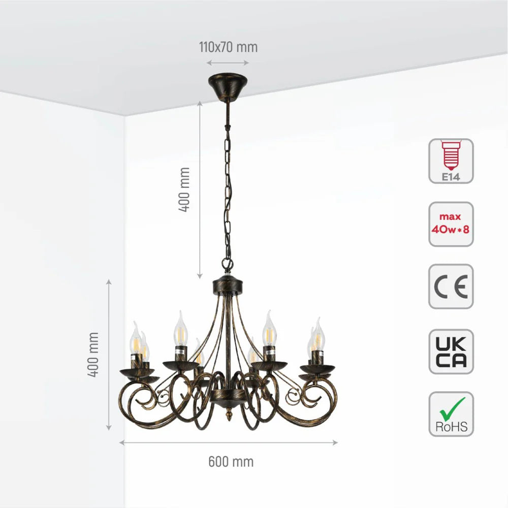 Pegasus Candle Vintage Gold Patinated Black French Chandelier Ceiling Light E14 - Available in 3, 5 & 8 Candles