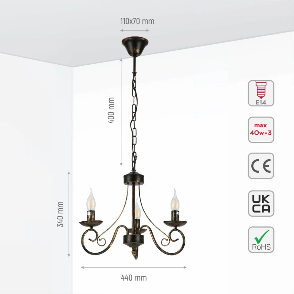 Pegasus Candle Vintage Gold Patinated Black French Chandelier Ceiling Light E14 - Available in 3, 5 & 8 Candles